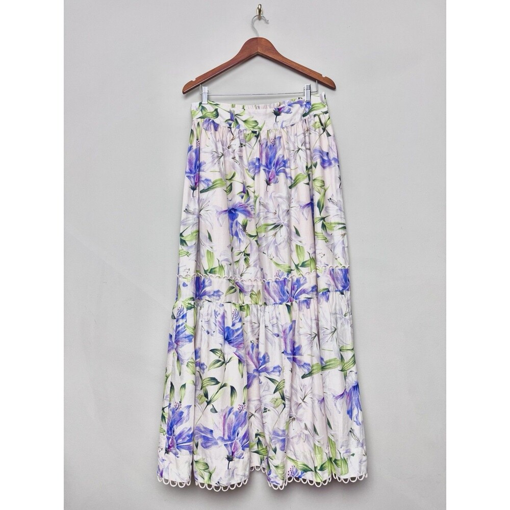 Biltmore Maxi Skirt Womens Large Floral Print Scalloped Hem Boho Lined Summer